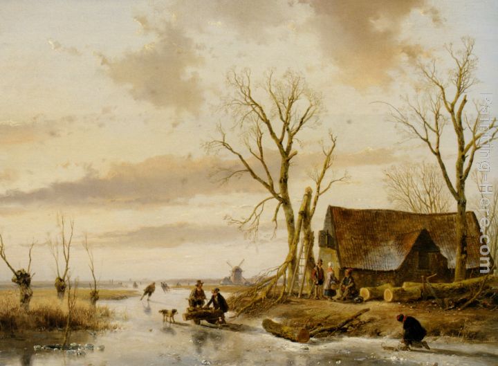 A Winter Landscape with Skaters on a Frozen River painting - Andreas Schelfhout A Winter Landscape with Skaters on a Frozen River art painting